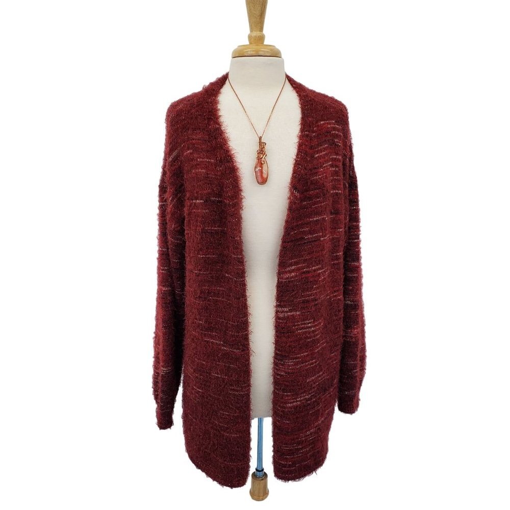 Knox Rose‎ Cardigan Eyelash Sweater Womens Size XXL Maroon Fuzzy Boho Open Front
